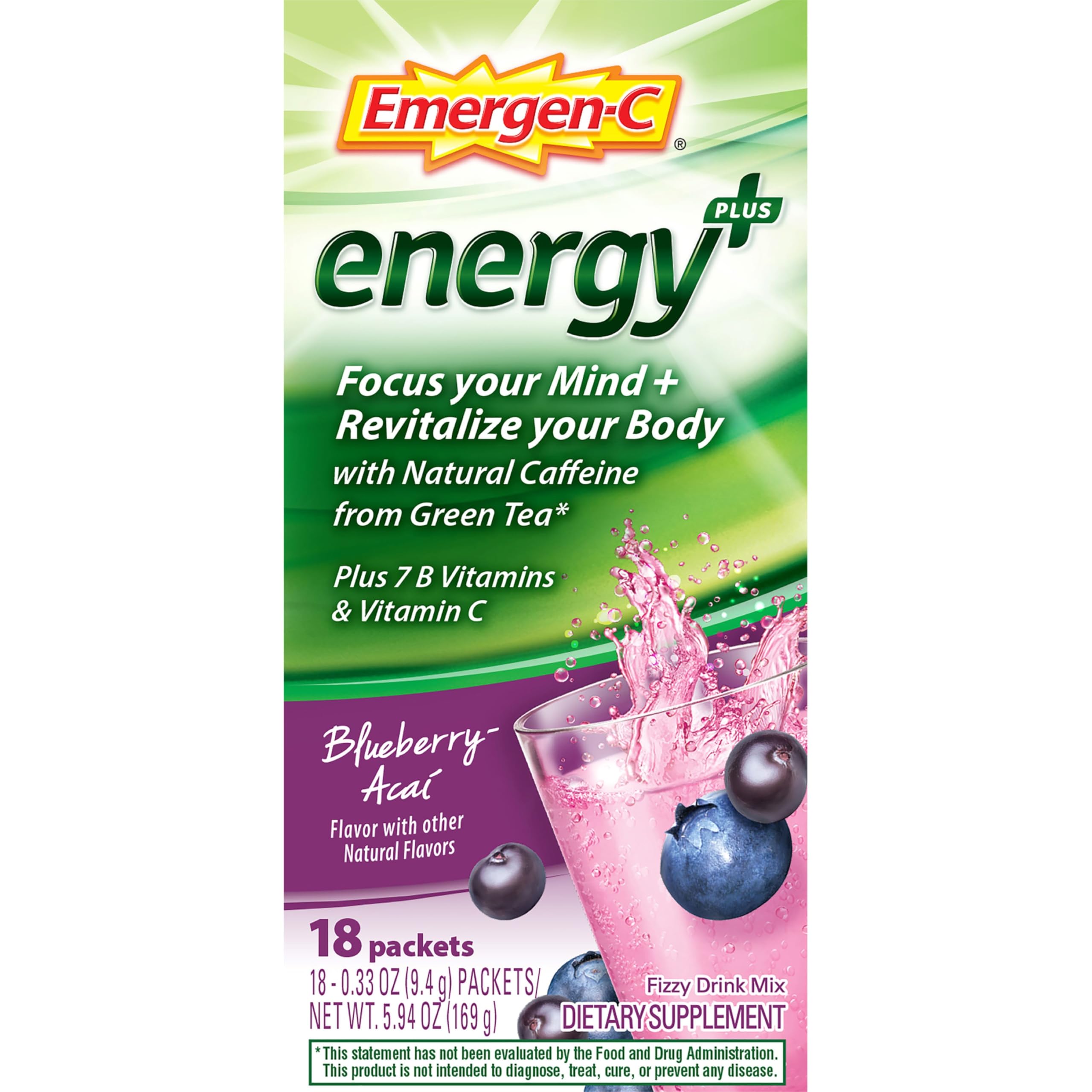 Emergen-C Energy+, With B Vitamins, Vitamin C And Natural Caffeine From Green Tea(Blueberry Acai Flavor) Dietary Supplement Drink Mix, 0.33 Ounce Powder Packets(Pack of 18)