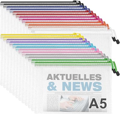 Newthinking A5 Zip Plastic Wallets 24 Pcs Mesh Zipper File Folders