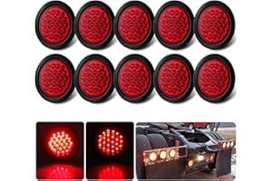 KONRALI 10Pcs 4" Inch Round Red LED Trailer Tail Lights 24 LED 4" Round LED Stop Turn Tail Lights Trailer Brake Lights Waterproof Flush Mount w/Grommets 3-Prong Wire Pigtails for Trucks RV UTE UTV 12V
