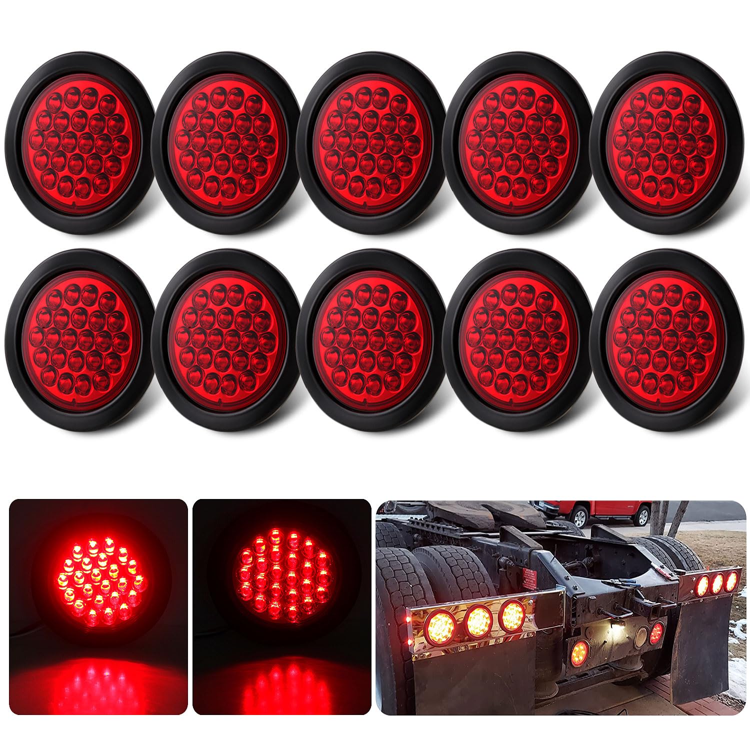 Photo 1 of 10Pcs 4" Inch Round Red LED Trailer Tail Lights 24 LED 4" Round LED Stop Turn Tail Lights Trailer Brake Lights Waterproof Flush Mount w/Grommets 3-Prong Wire Pigtails for Trucks RV UTE UTV 12V