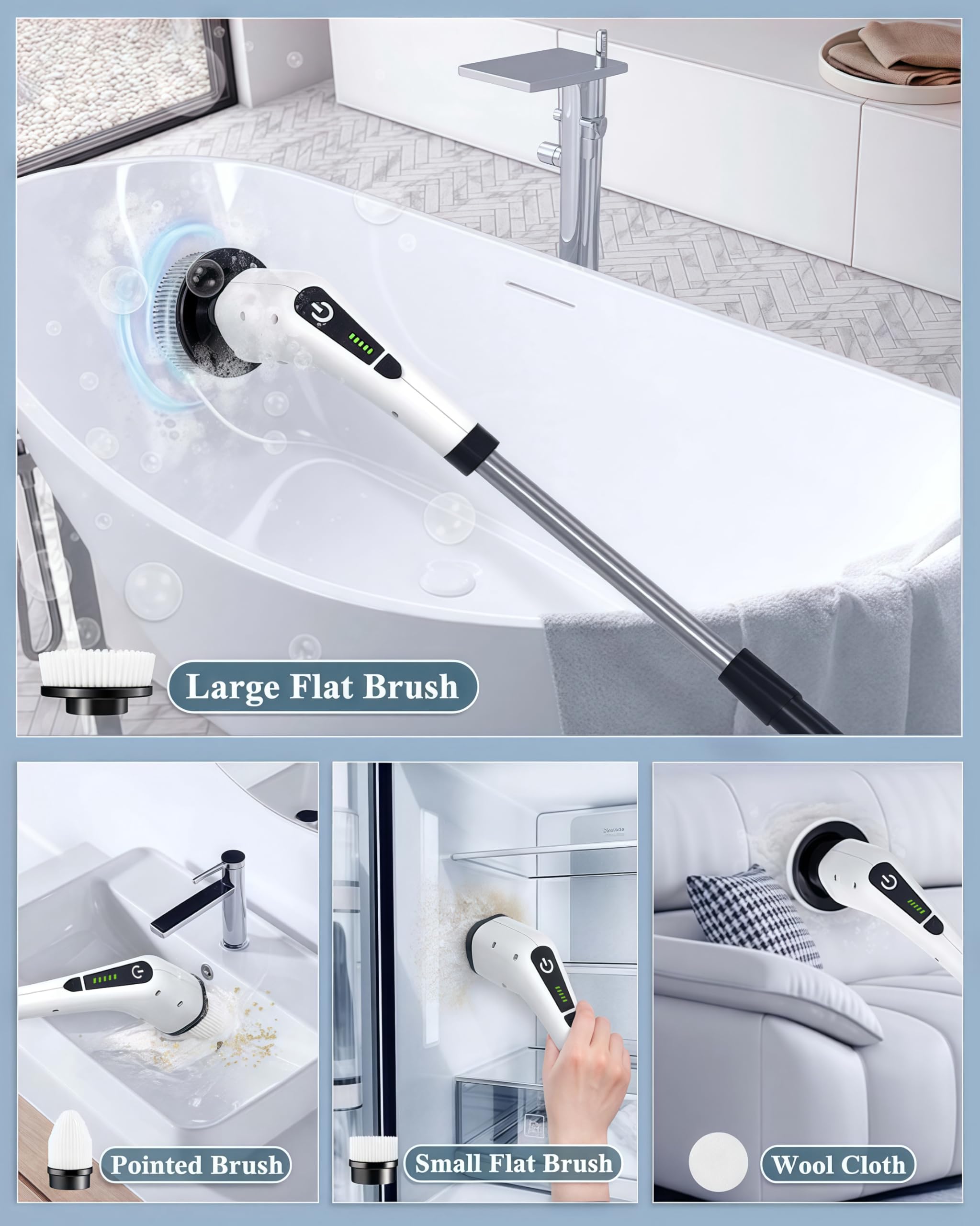 LOSUY Electric Spin Scrubber, Cordless Cleaning Brush, Shower Cleaning Brush with 7 Replaceable Brush Heads, Power Scrubber 2 Speed with 3 Adjustable & Detachable Long Handle for Bathroom Shower Car