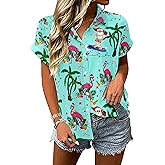 UYIQL Christmas Hawaiian Shirts Women July Xmas Holiday Button Down Shirt Summer Santa Graphic Blouse Tops