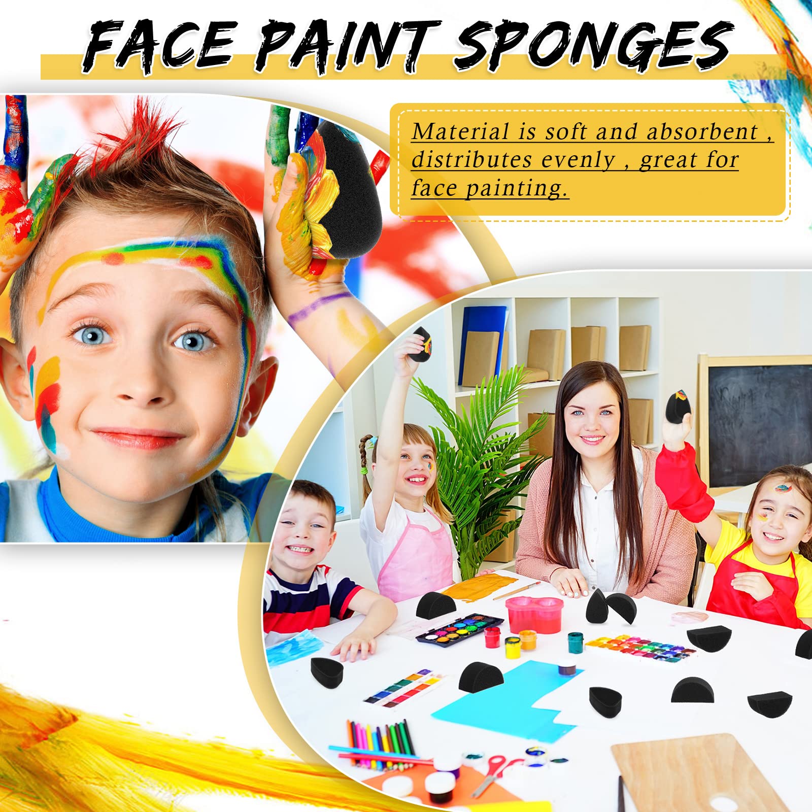 Yinkin 24 Pcs Face Paint Sponge Petal Oval and Semicircular Face Painting Sponges High Density Painting Supplies for Kids Adults Art Work Halloween Makeup Body Paint(Black)