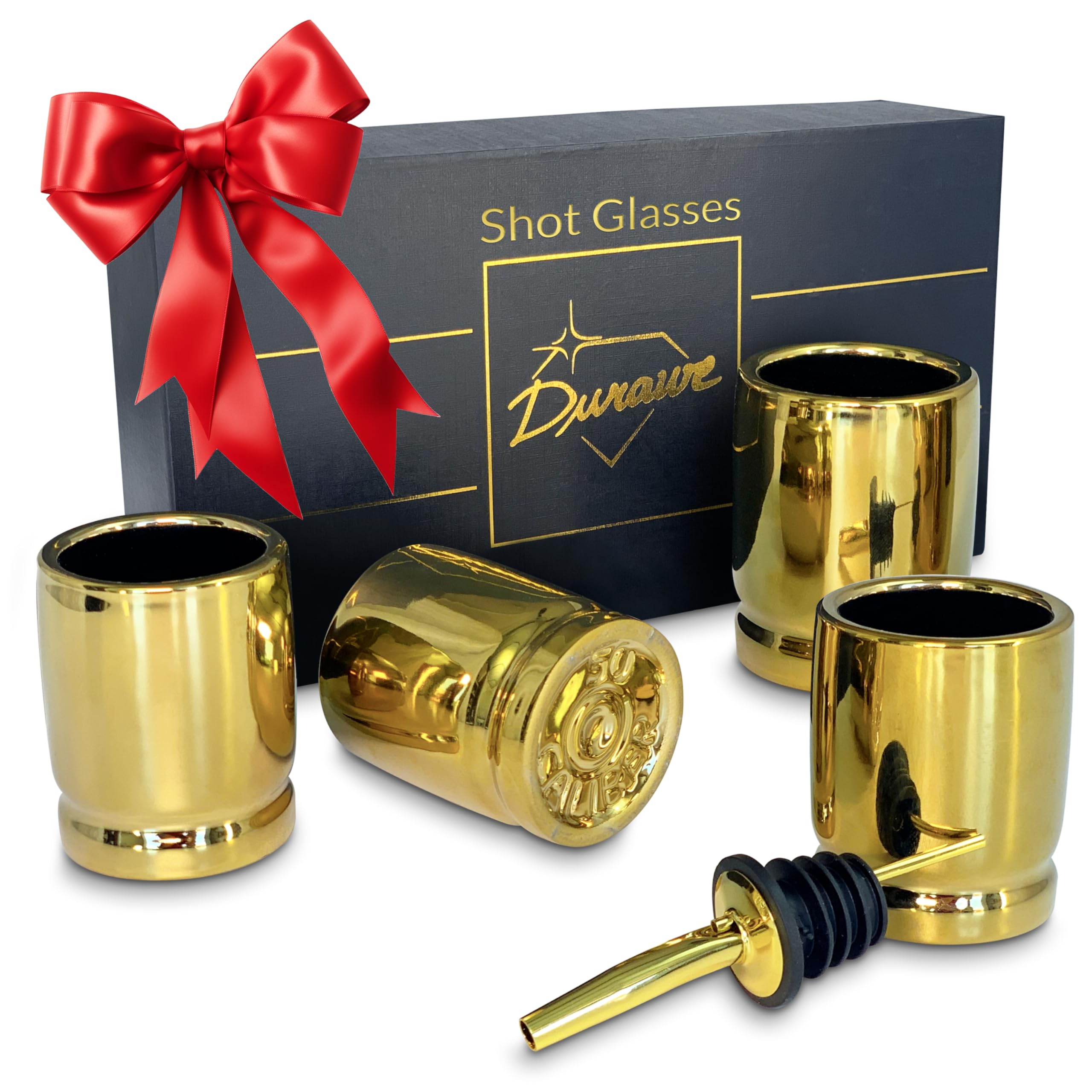 Glass Ceramic 50 Caliber Shot Glasses Set of 4 with Pourer, 50 Cal Bullet Casings Shaped Great Gift Luxury Gift Set for Christmas