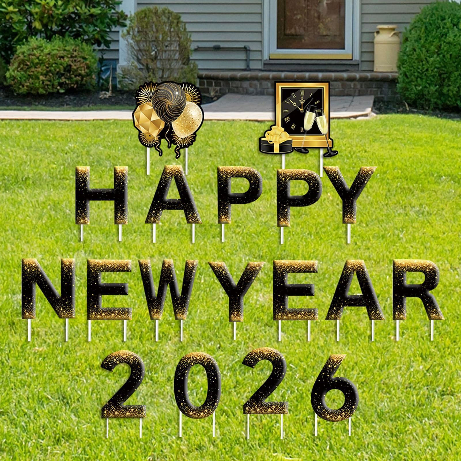 Photo 1 of 18 Pcs 2026 Happy New Year Yard Signs with Stakes 9.8 Inches Black Gold New Year Lawn Sign Outdoor Decorations Yard Supplies for Home Garden Party