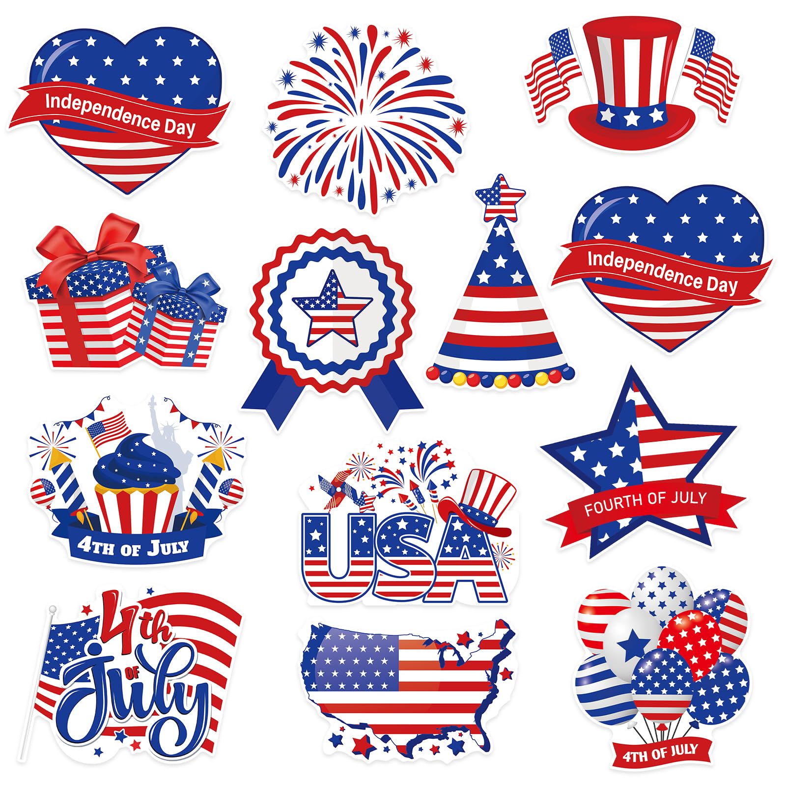 Photo 1 of 48Pcs 4th of July Cut-Outs, Red White Blue Patriotic Theme Party Cutouts Cartoon USA Flag Stars Firework Paper Cutouts for Independence Day Home School Classroom Office Bulletin Board Wall Decor