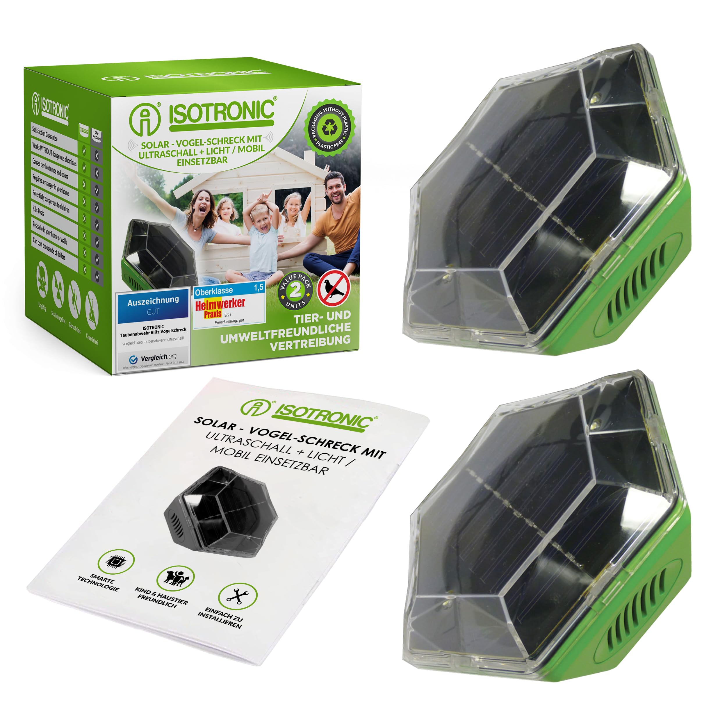 ISOTRONIC® Ultrasonic Solar Bird Repeller, bird-control ultrasonic scarer pigeon to protect garden, house and boat, 2 pieces