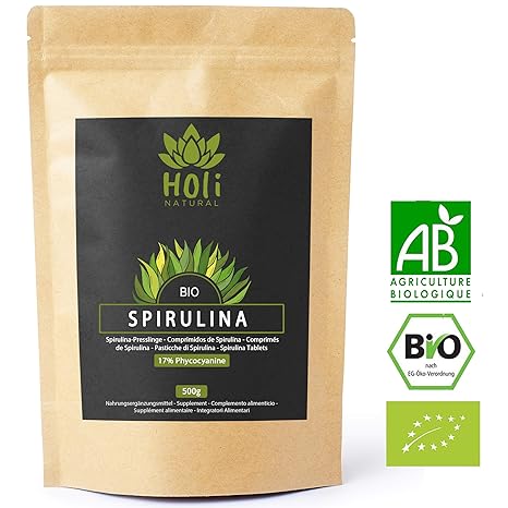 Holi Natural® BIO Spirulina Presslinge. 1.000 Stück. Premium Qualität mit 17% Phycocyanin Gehalt. 500g reine Presslinge ohne 