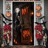 Halloween Door Banner Decorations Scary Skeleton Door Cover Bloody Don't Open Porch Banner Sign Halloween Backdrop Decor for Haunted House Front Porch Outdoor Indoor Haunted House Mansion Supplies