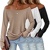 Huukeay 3 Pack Off The Shoulder Boat Neck Tops for Women, Long Sleeve Thumbhole Side Ruched Shirts Loose Causal Tunic Tees