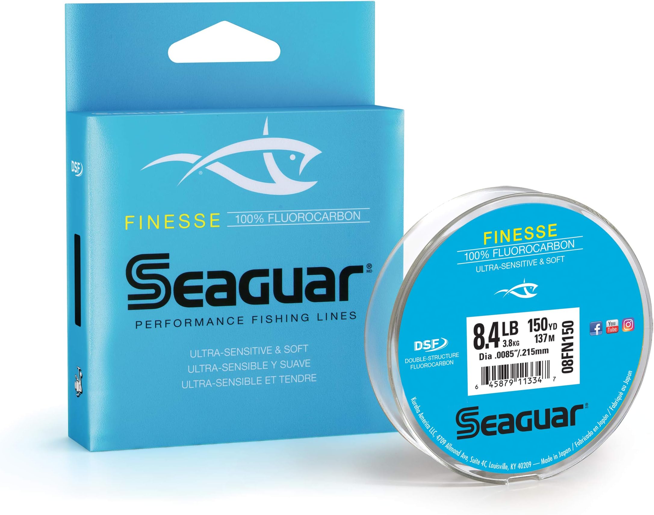 Seaguar Unisex's 08FN150, Finesse Freshwater Fluorocarbon Line.009" Diameter, 8.40 lb Tested, 150 Yards, Clear, One size
