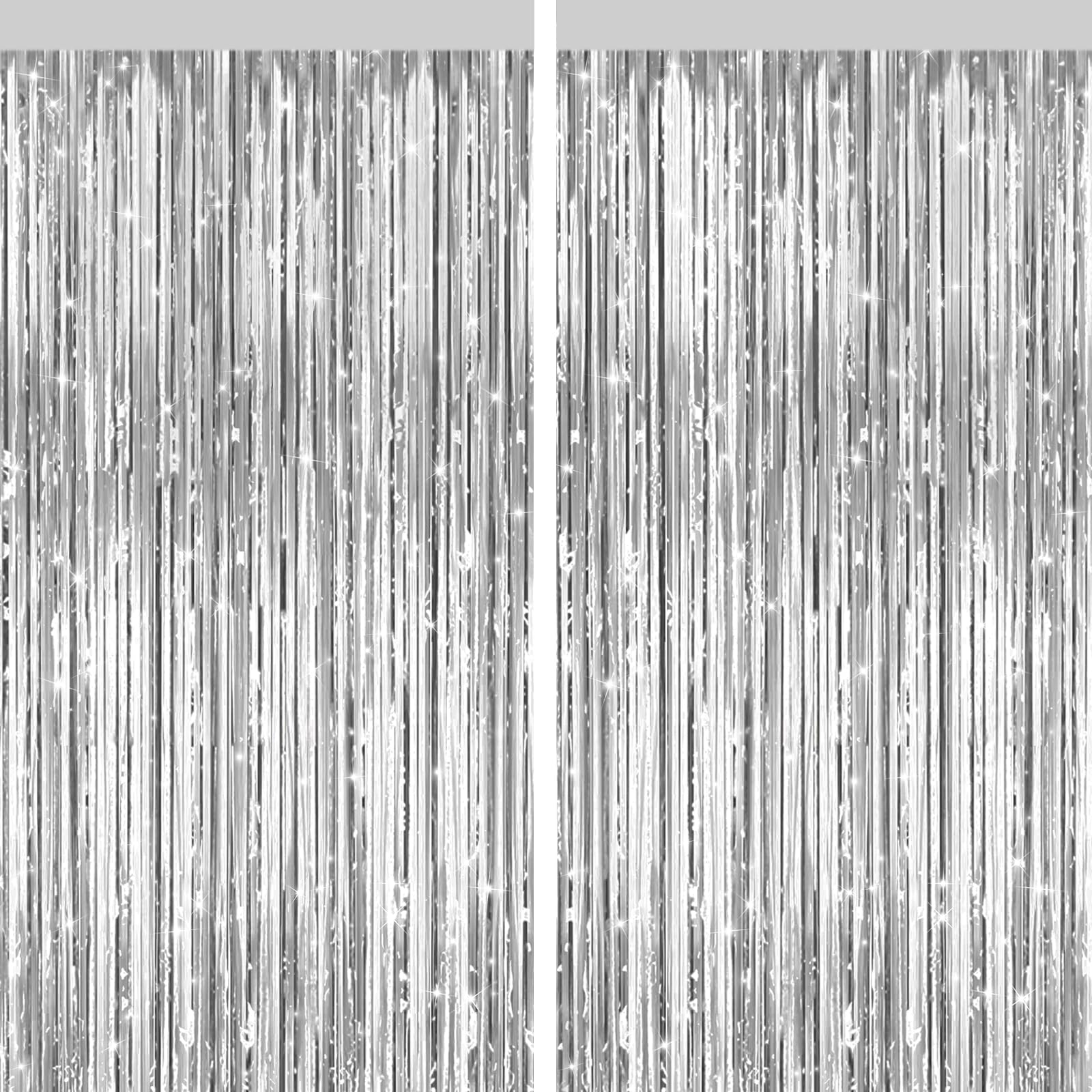 Photo 1 of 2 Pack Silver Metallic Tinsel Foil Fringe Curtains, Door Streamers Photo Booth Backdrop for Birthday Party, Tinsel Curtain Backdrop for Baby Shower Bachelorette Christmas Party Decorations