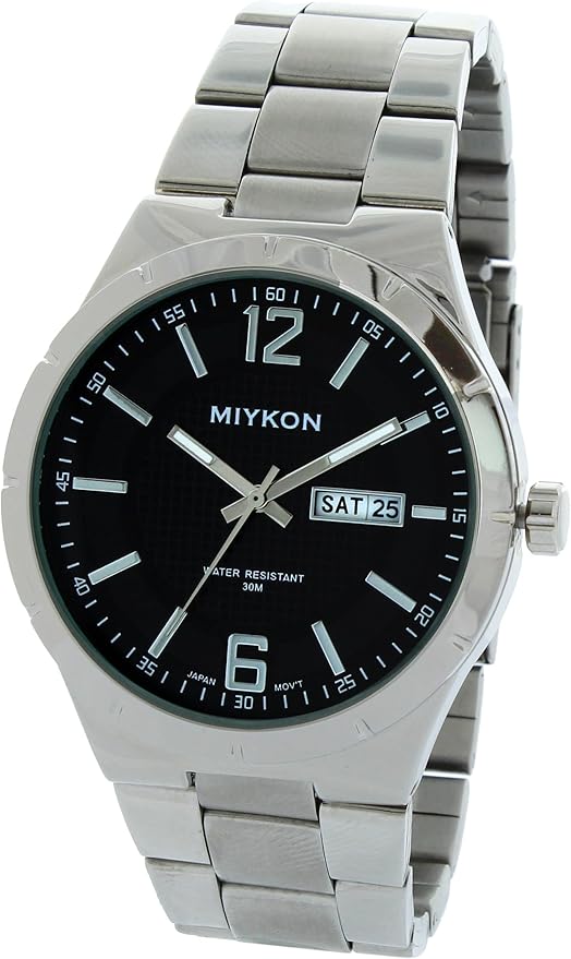 Miykon Men's Watch 44MM N2608 Water Resistant Silver Color Black Dial