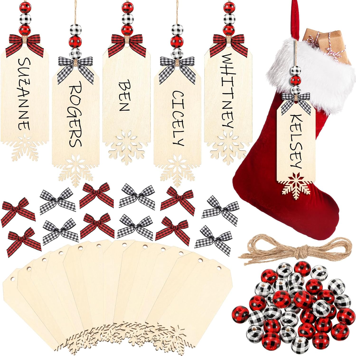 Stockings & Holders - Vicenpal 12 Set Christmas Stocking Name Tags Hollow Wooden Name Ornament Signs Includes Buffalo Plaid Bow Plaid Wooden Beads Hemp Rope Tag Ornaments for Christmas Stockings Decoration (Snowflake)