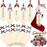 Vicenpal 12 Set Christmas Stocking Name Tags Xmas DIY Wooden Name Signs Includes Tags Wood Beads and Bow Christmas Ornaments for Christmas Stockings Home Farmhouse Decor (Snowflake)