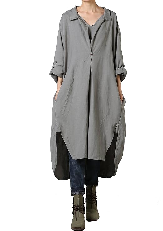 Vogstyle Damen Plus Größe Baumwollleinen Einschultriges Shirt Kleider