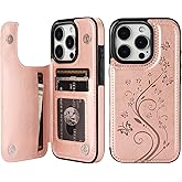 Vaburs Compatible with iPhone 16 Pro Case Wallet with Card Holder,Embossed Butterfly Pattern PU Leather Double Buttons Flip Protective Shockproof Cover for Magnetic Car Mount 6.3 Inch (Rose Gold)