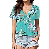 ArtJuly Womens Floral Tops Sexy V Neck Shirts Cute Short Sleeve Crop Tops Cutout Casual Tie Summer Blouse (Flower3,M)