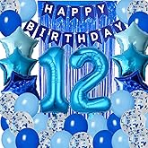 12th Birthday Decorations for Boys Blue 12th Happy Birthday Banner Party Supplies Number 12 Balloons Fringe Curtain 12 Years Old Bday Party Supplies Kit for Him Her Girls (Blue)