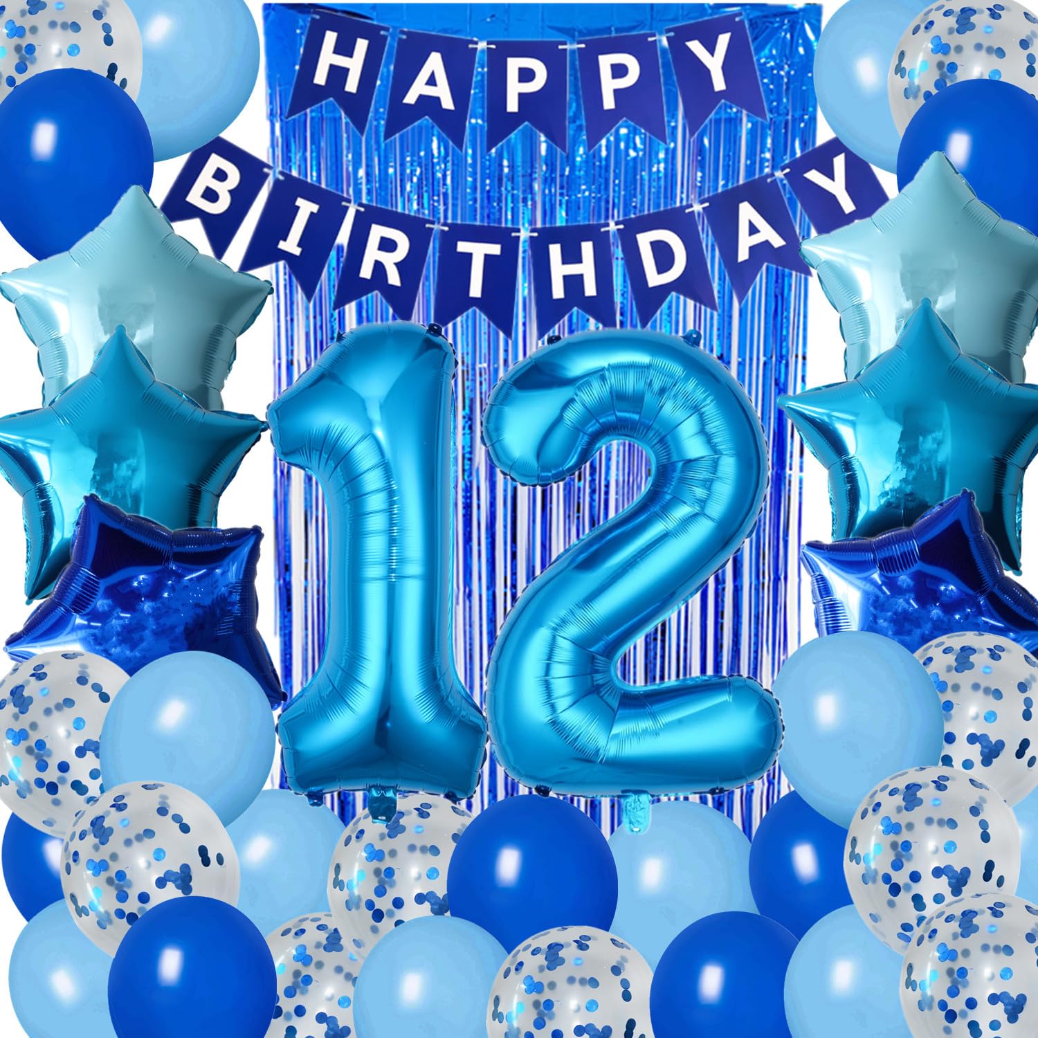 Photo 1 of 12th Birthday Decorations for Boys Blue 12th Happy Birthday Banner Party Supplies Number 12 Balloons Fringe Curtain 12 Years Old Bday Party Supplies Kit for Him Her Girls (Blue)
