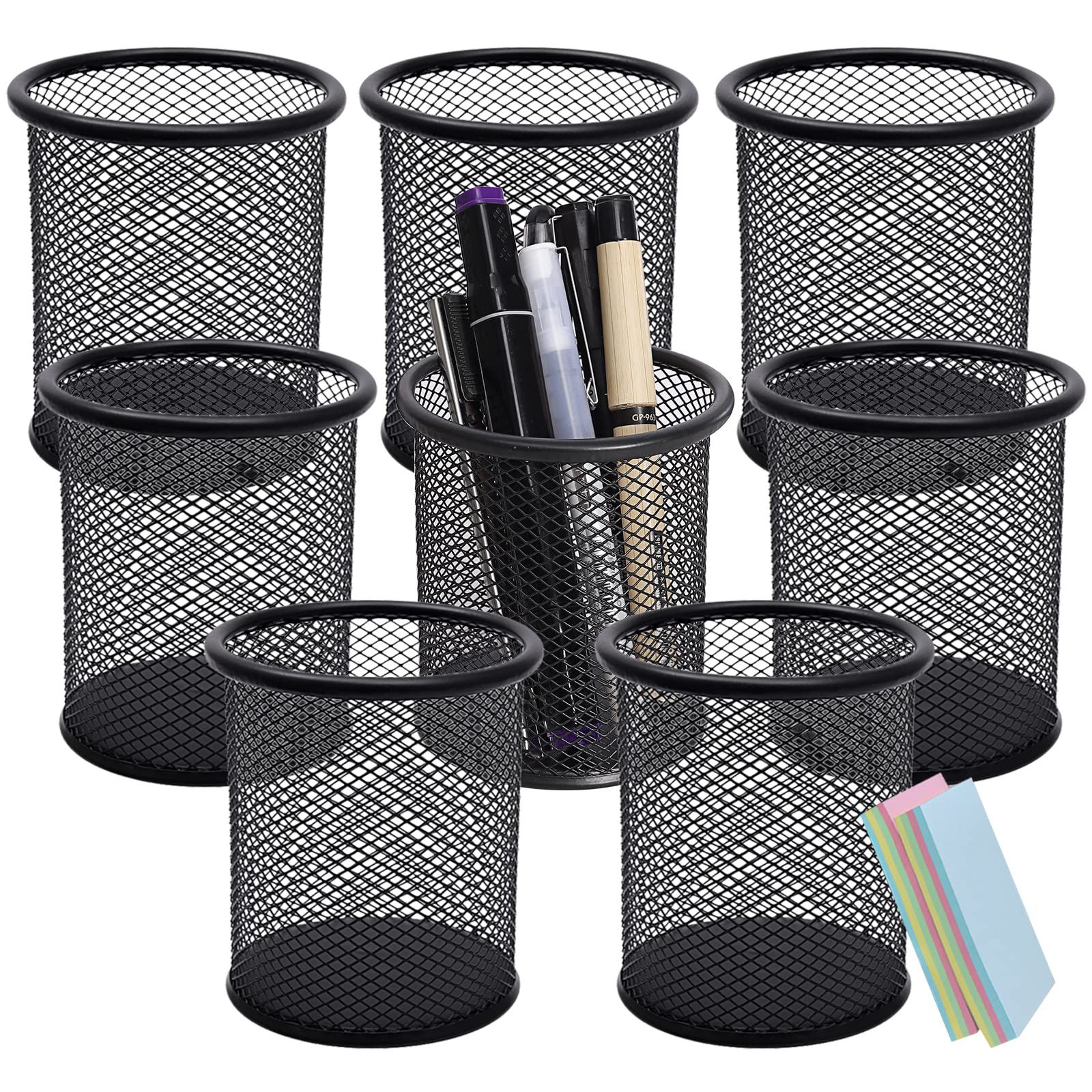 DARUITE Pen Holder, 8PCS Round Metal Mesh Pen Pots for Desk, Multifunctional Pencil Pot, Desk Tidy Organiser for Office Home School, Black