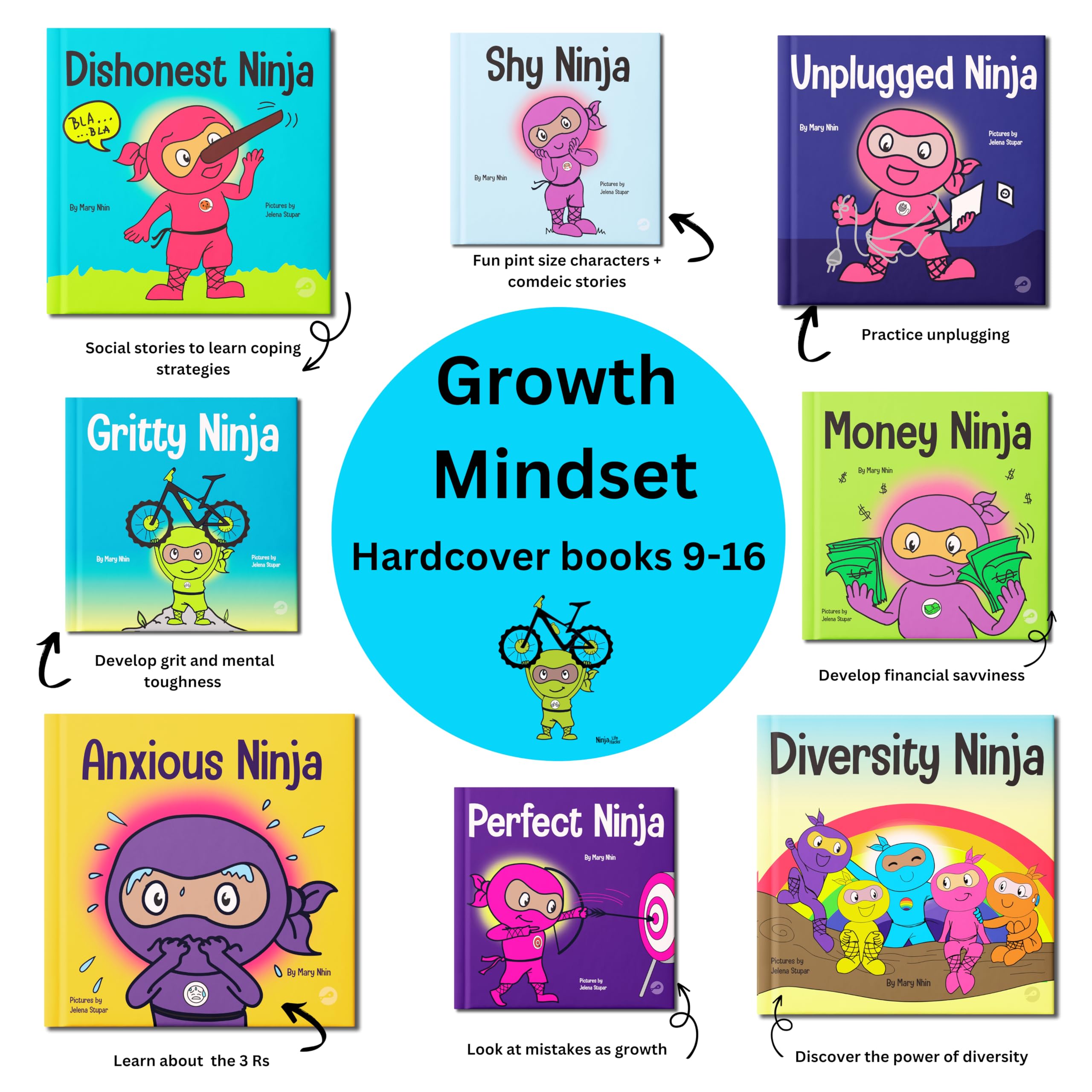 Ninja Life Hacks Growth Mindset 8 Hardcover Book Bundle (Books 9-16: Perfect, Money, Anxious, Gritty, Dishonest, Shy, Unplugged, Diversity) Image