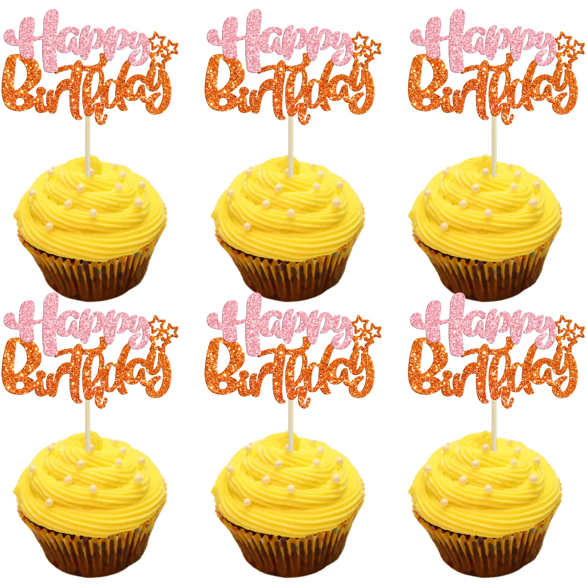 Ephlyn 24Pcs Happy Birthday Cupcake Toppers - Double Layer Glitter - Pastel Pink Orange - Perfect for Birthday, Baby Shower & Anniversary Parties