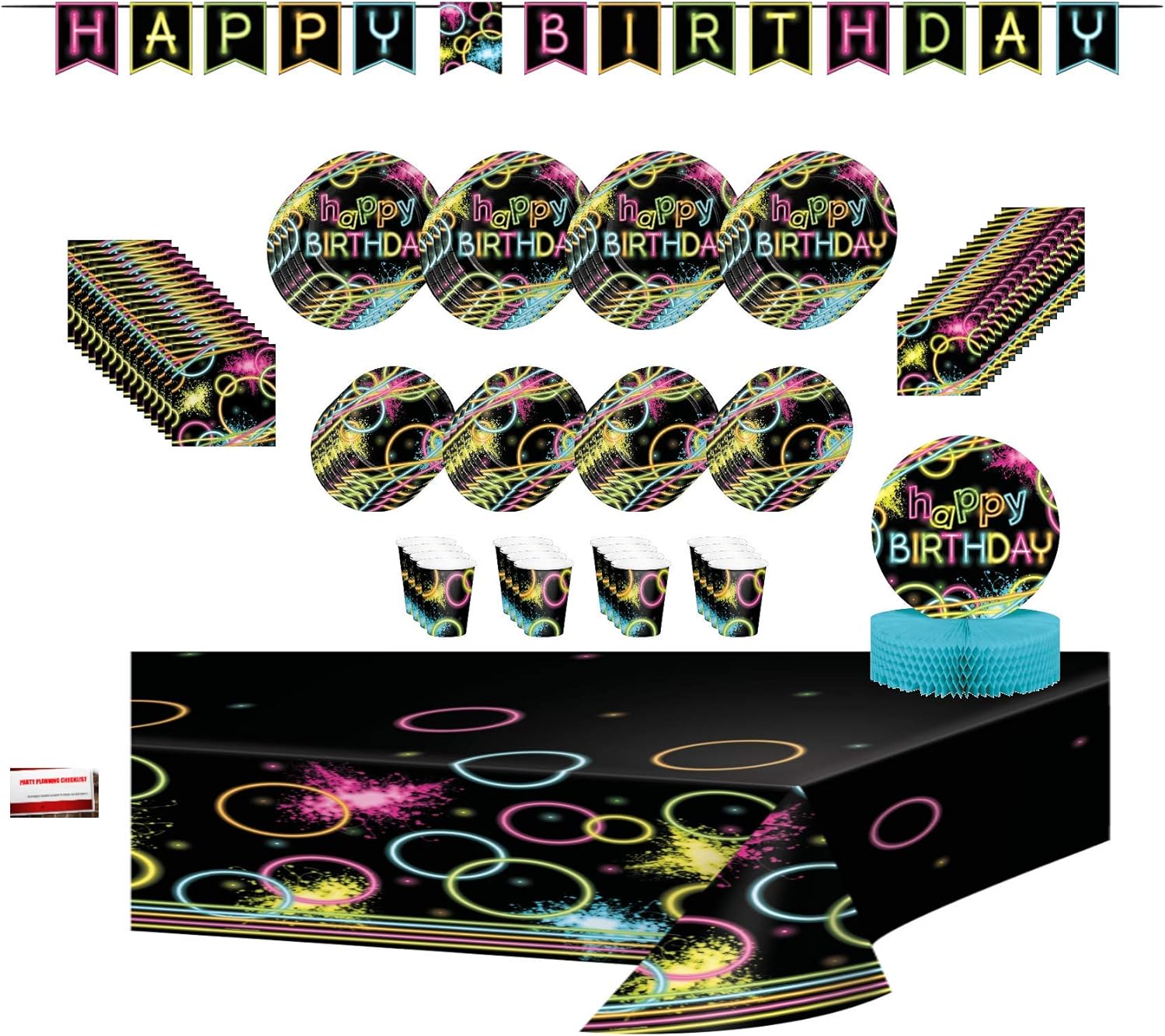 Glow Neon Party Jumbo Deluxe Birthday Supplies Super Bundle Pack for 16 Guests (Plus Party Planning Checklist by Mikes Super Store): Health & Personal Care
