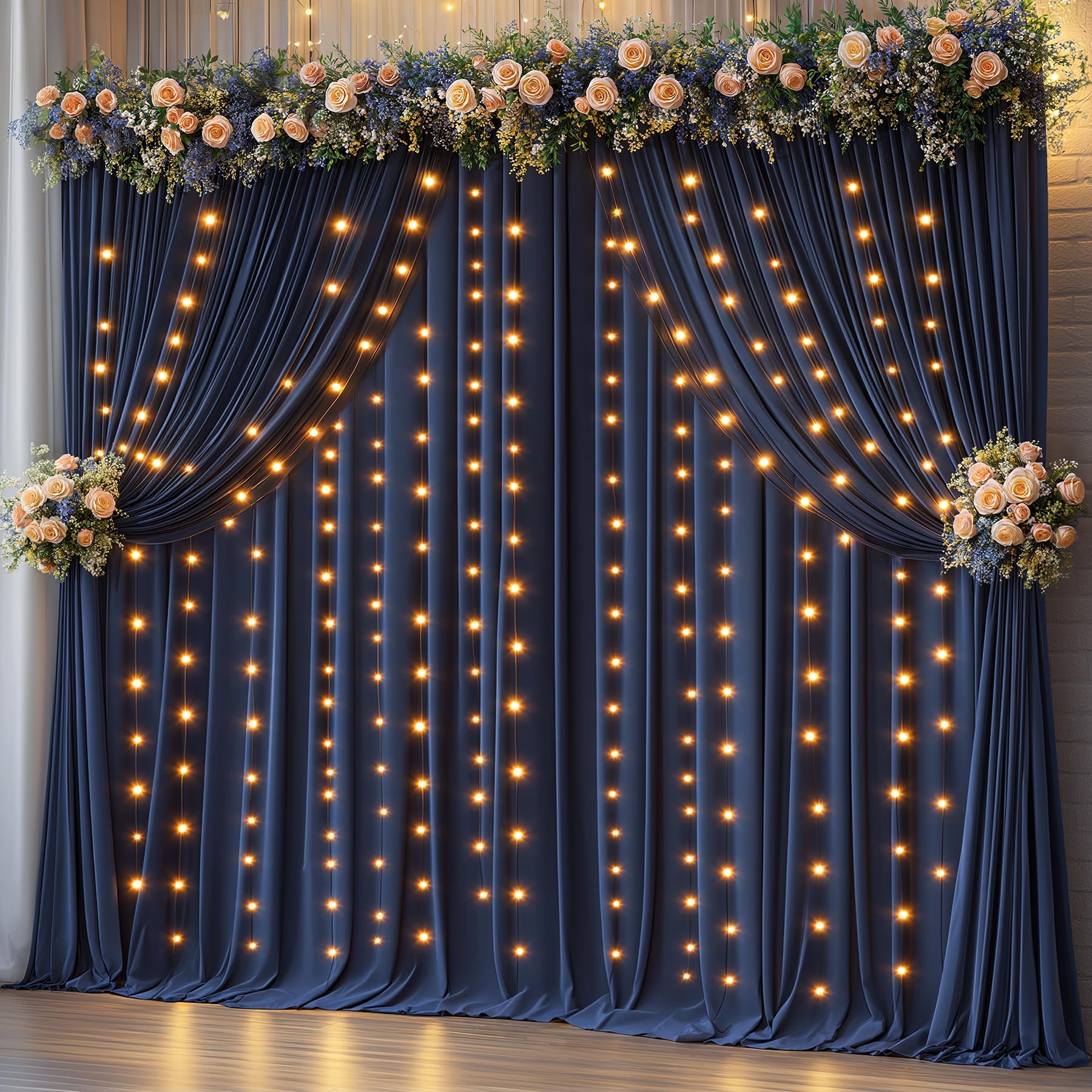 Photo 1 of 10 x 10ft Navy Blue Backdrop Curtains with Lights String Wrinkle Free Polyester Photo Backdrop Drapes Soft Fabric Curtains for Birthday Parties Wedding Shower Reception Retirement Events, 2 Panels