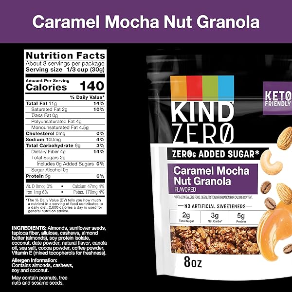 KIND ZERO ADDED SUGAR KETO GRANOLA, CARAMEL MOCHA NUT, GOOD SOURCE OF FIBER, GLUTEN FREE, LOW SUGAR, 5G PROTEIN, 1 COUNT