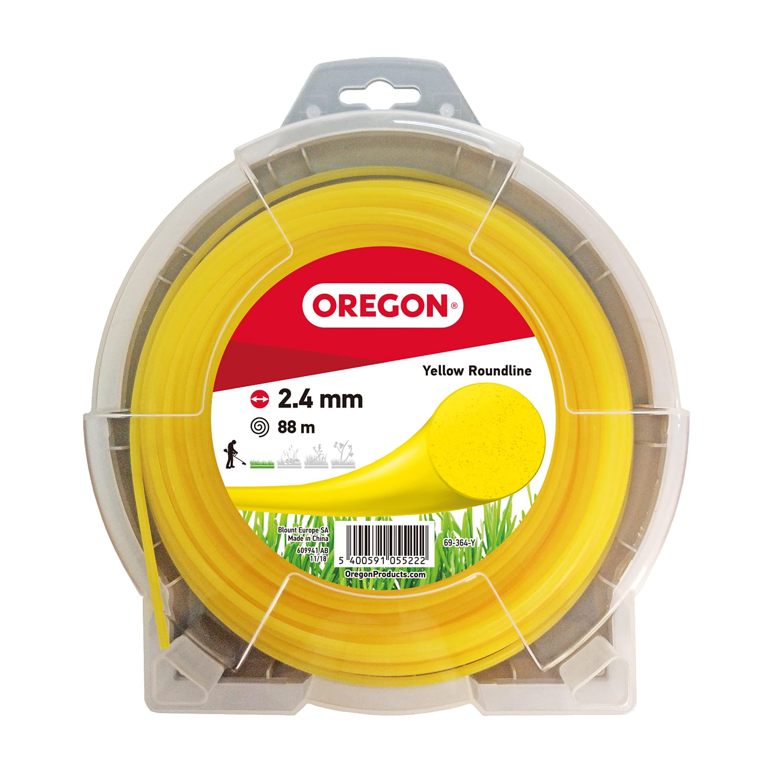 Oregon Yellow Round 2.4mm Strimmer Line, Trimmer Line Tackles Long Grass, Weeds & Thick Vegetation, Professional Heavy Duty Nylon Strimmer Wire, Fits Most Standard Models, 2.4mm x 88m (69-364-Y)