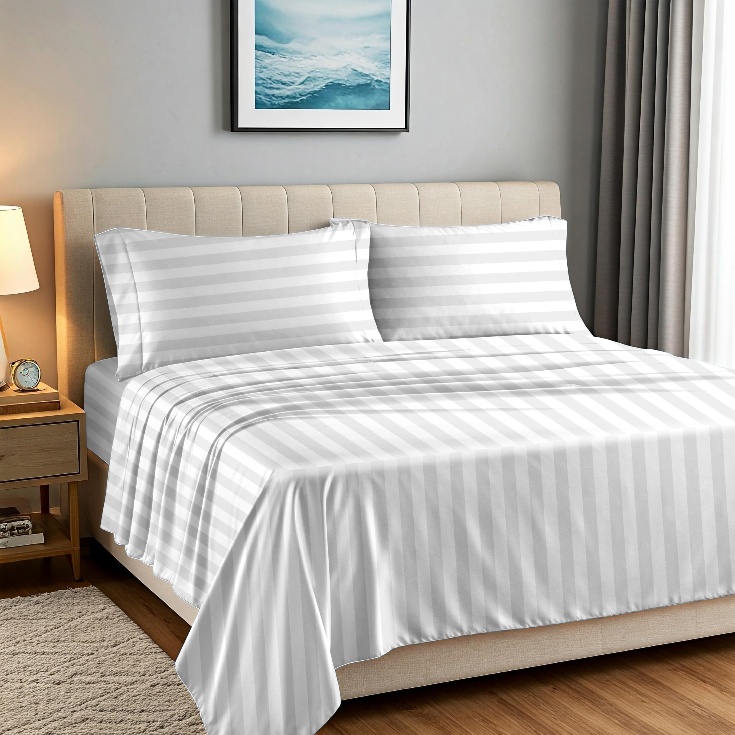 Photo 1 of Carressa Linen Egyptian Cotton Sheets - 1500 Thread Count 4 PC King Sheet Set Egyptian Cotton, Luxury Damask Sheets King Size, Silky Soft, Cooling Deep Pocket Sheet, Fits Upto 19" - White Stripe