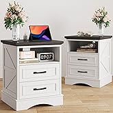 Fluest 24" Tall Farmhouse Nightstands Set of 2, Night Stands with Fast Charging Station, Beside Tables with Drawers and Open Storage, Rustic End Tables for Bedroom, Antique White