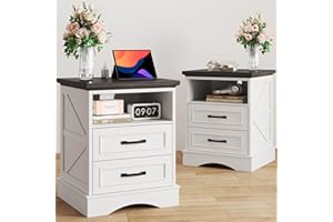 Fluest 24" Tall Farmhouse Nightstands Set of 2, Night Stands with Charging Station, Beside Tables with Drawers and Open Storage, Rustic End Tables for Bedroom, Antique White