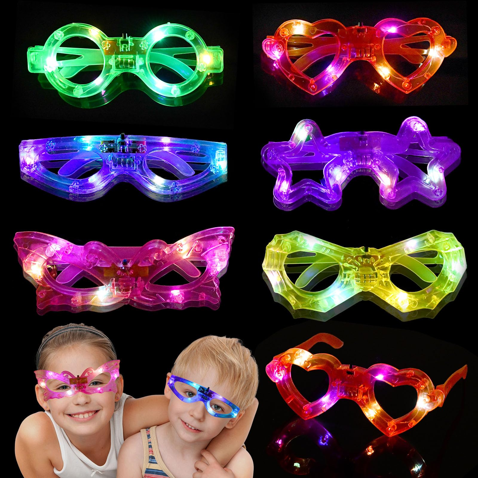 Ainiv 6 PCS Light Up Glasses, Colourful Novelty Shape Flashing Glasses for Kids, Festival Light Up Glasses for Party Bag Fillers, Neon Party Supplies for Halloween Christmas New Year Birthday Party