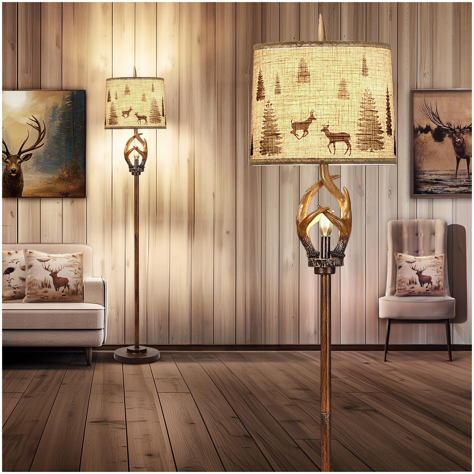 Photo 1 of Scenekoy Rustic Farmhouse Antlers Floor Lamp with Nightlight Brown Finish Round Shade Lamps for Living Room Bedroom Office Study House