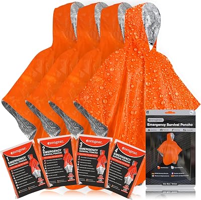 aZengear 4pc Survival Poncho Thermal Mylar Blanket Hooded Waterproof Windproof