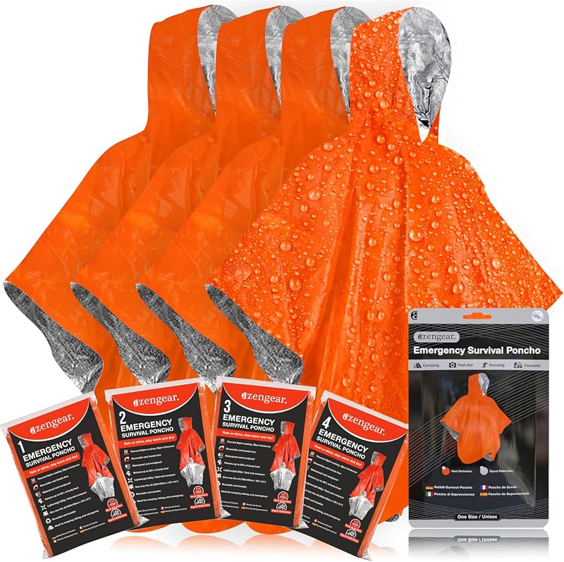 aZengear 4pc Survival Poncho Thermal Mylar Blanket Hooded Waterproof Windproof