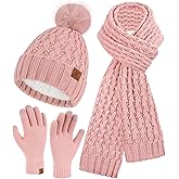 Womens Winter Beanie Hat Touchscreen Gloves Long Neck Scarf Set Warm Knit Caps with Pom Fleece Gifts for Women