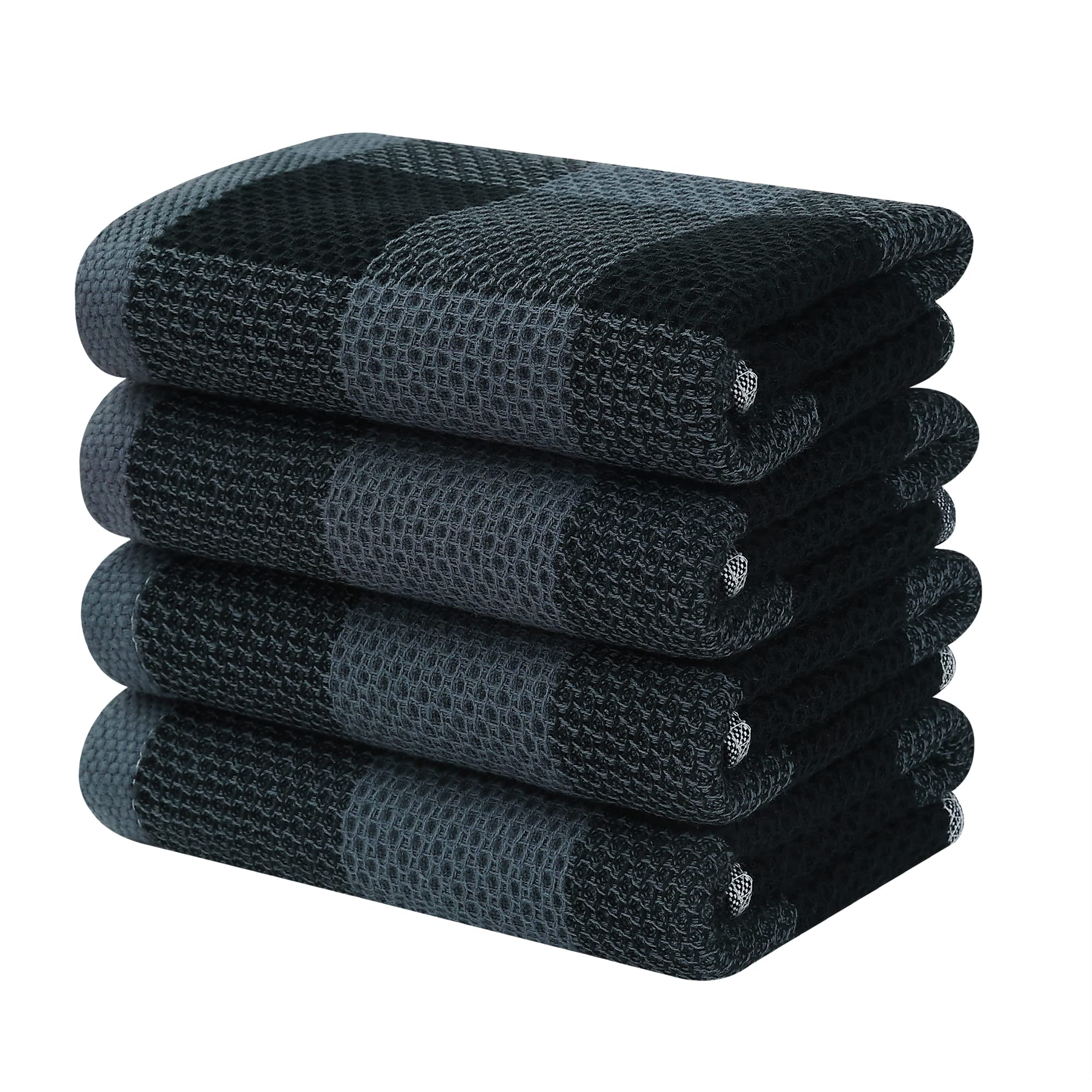 Homaxy 100% Cotton Waffle Weave Check Plaid Kitchen Towels, 13 x 28 Inches, Super Soft and Absorbent Dish Towels for Drying Dishes, 4-Pack, Black & Grey
