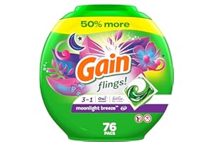 Gain flings Laundry Detergent Soap Pacs, HE Compatible, Long Lasting Scent, Moonlight Breeze Scent, 76 Count