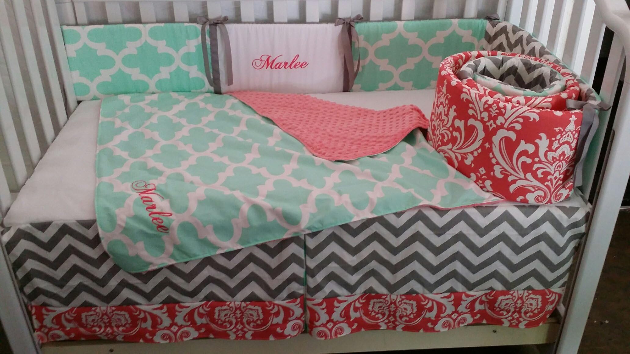 Baby Crib bedding, Coral Damask, Mint Quatrefoil, Grey chevron, Embroidered,personalized,Monogrammed, Custom Handmade, Quilt, bumper, Bed skirt