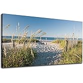 Sea Beach Canvas Wall Art Blue Ocean Pictures Wall Decor Coastal Reeds Nature Prints Seascape Painting Artwork for Living Room Bedroom Office Wall Decoration Framed 20" x 40"