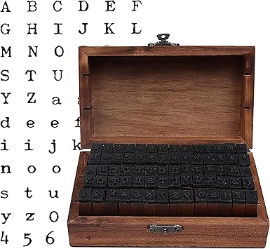 Set 70 Piezas Sellos de Tinta Alfabeto Goma y Madera Con Caja Organizar y Guardar Por