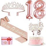 Amosking 18th Birthday Decorations Kit Rose Gold Sash Tiara Cake Topper Candles