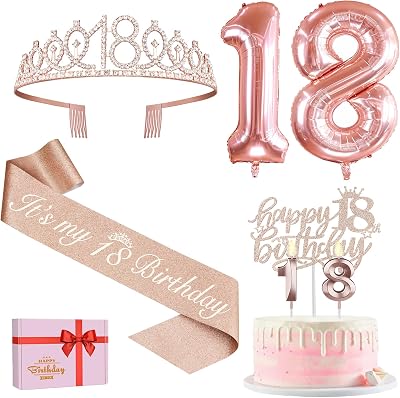 Amosking 18th Birthday Decorations Kit Rose Gold Sash Tiara Cake Topper Candles
