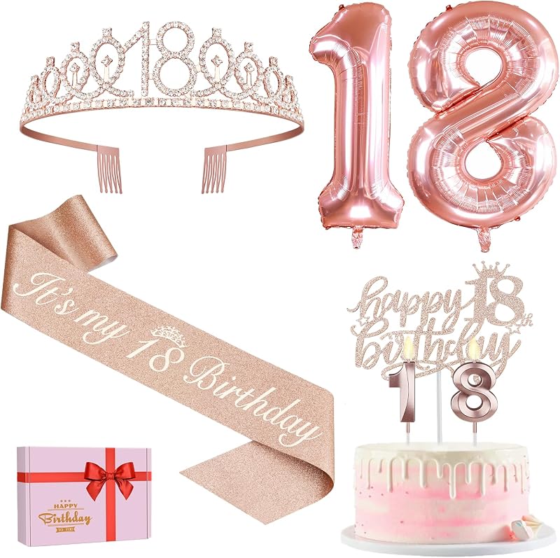 Amosking 18th Birthday Decorations Kit Rose Gold Sash Tiara Cake Topper Candles