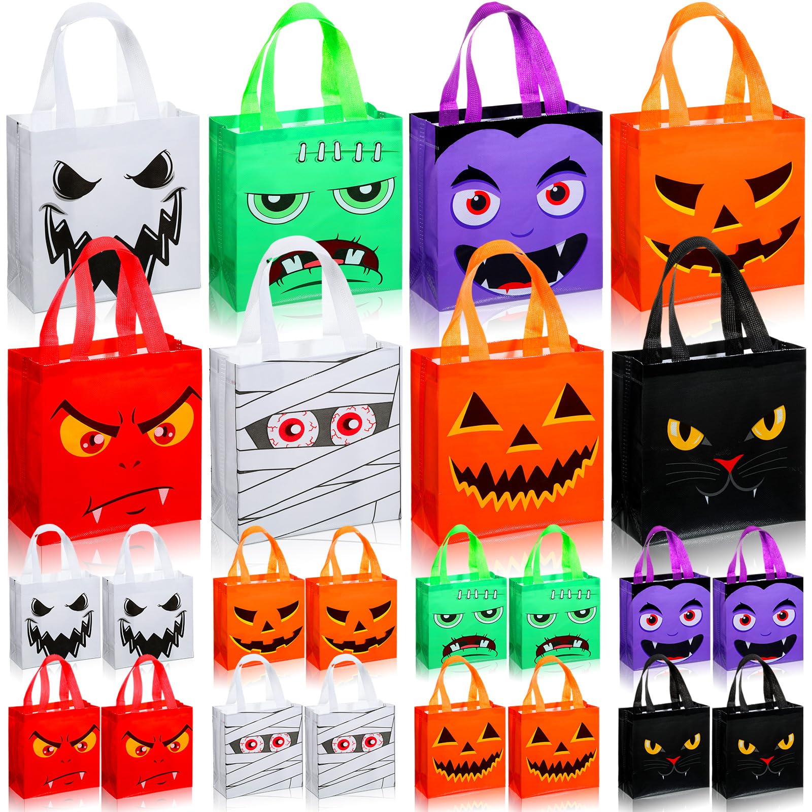 Photo 1 of Windyun 96 Pcs Halloween Non Woven Bags Bulk 8 Pattern Halloween Treat Goodie Candy Tote Party Gift Bags with Handle for Gifts Wrapping Party Favors, 7.9 x 7.9 x 3.5 Inch