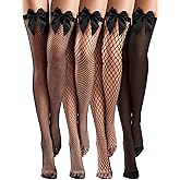 Fourluoo 4 Pairs Fishnet Thigh High Stocking for Women Silicone Lace Top Sheer Silky over Knee High Stocking with Bows