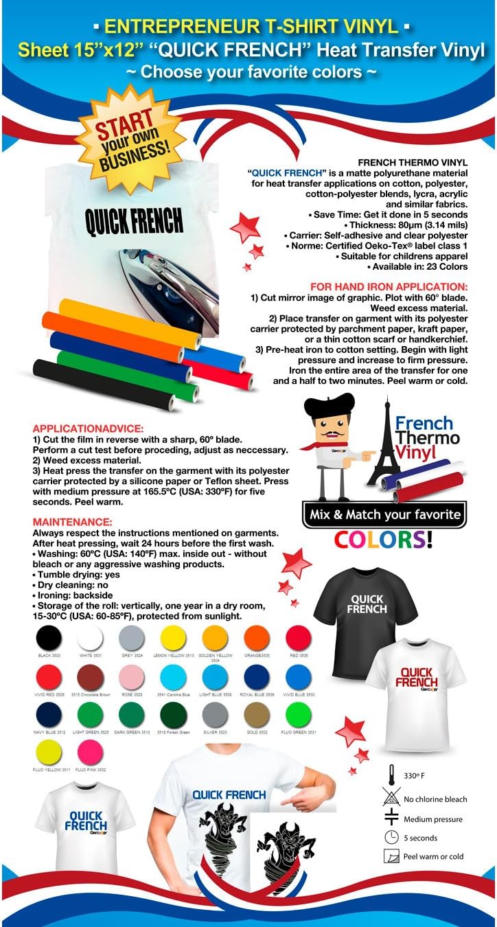 ENTREPRENEUR T-SHIRT VINYL: Sheet 15" x 12" French Thermo Vinyl “QUICK FRENCH” (Heat Transfer Vinyl) - Color: RED - Choose your favorite colors